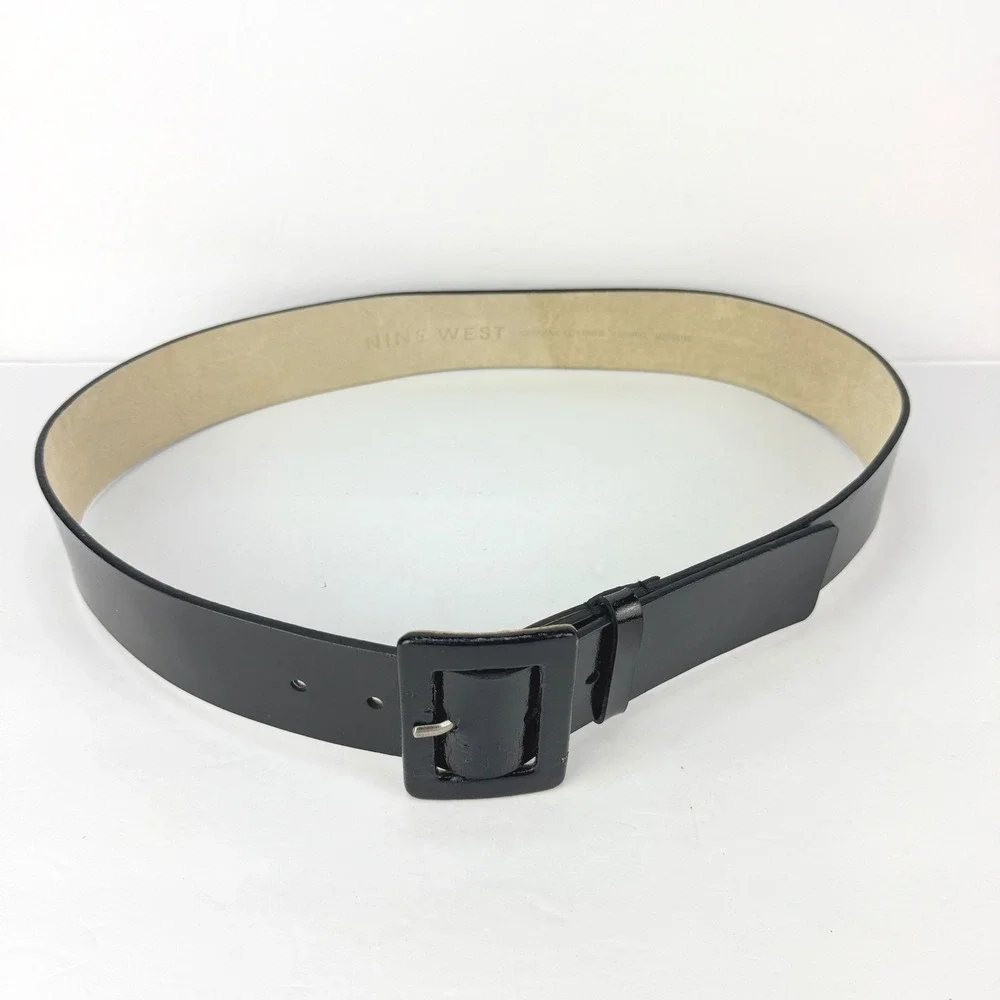 VTG RETRO Wide Nine West M Black Patent Leather Square Buckle Women Belt
